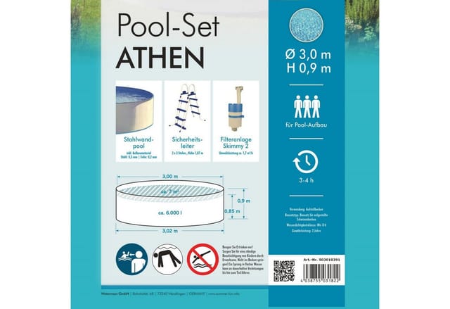 Summer Fun - Stahlwandpool Set (3-teilig) rund Athen 300x90 cm, Stahl 0,3 mm weiß, Folie 0,2 mm blau, overlap