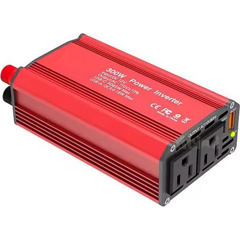 300-w-kfz-wechselrichter (12 V Auf 110 V) – Pd65w Usb-c, Qc3.0, 2 Steckdosen, Intelligenter Lüfter, Rot