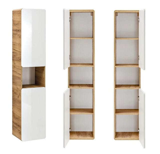 Lomadox - Badmöbel Hochschrank LUTON-56, Wotan Eiche Nb. Nb. Hochglanz weiß, b/h/t ca. 35/170/32 cm