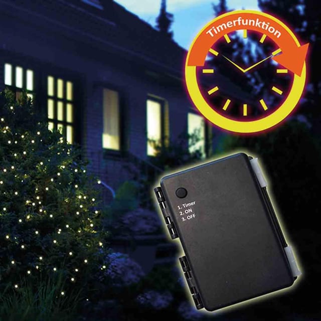 F-h-s International - LED-Batterie-Netz außen 100er, 1,5 x 1,5 m mit Timer für 3 x aa