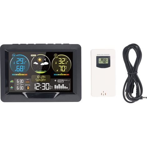 Kabellose Wetteruhr, Professionelles Digitales Thermometer Mit Farbdisplay Für Innen- Und Außentemperatur, Luftfeuchtigkeit, Sonnenaufgang Und Sonnenuntergang