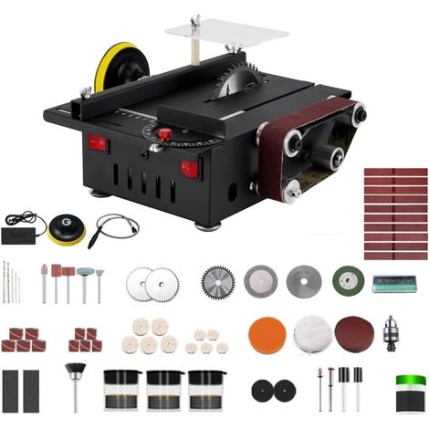 Mini-tischkreissäge Mit Bandschleifer Und 4 Sägeblättern, 200 W, Einstellbare Drehzahl, Für Präzise Heimwerkerarbeiten Und Handgefertigte Holzprojekte