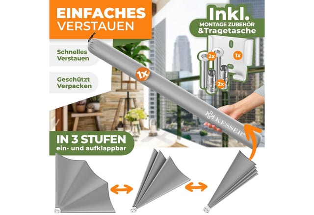 Balkonfächer Klappbar Mit Wandhalterung Sichtschutz Balkon Windschutz Balkonsichtschutz Seitenmarkise Witterungsbeständig Hellgrau - Kesser