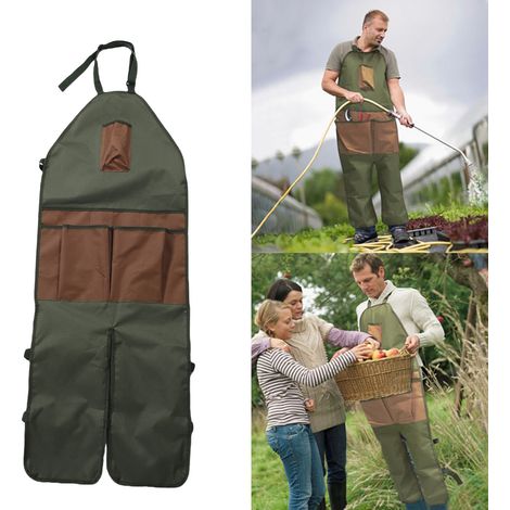Wasserdichte Gartenschürze Aus 600d Oxford-gewebe, Lang Und Verstellbar, Mit Beinschutz Und Mehreren Taschen Für Erntearbeiten, Baumschnitt Und Andere Gartenarbeiten. Grün Mit Braunen Taschen.