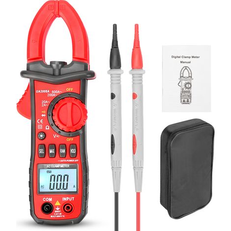 – Digitales Ac/dc-zangenmessgerät 600 A – Hintergrundbeleuchtetes Lcd-display – Misst Spannung, Strom, Widerstand, Temperatur – Automatischer Tester – Dc 600 A T