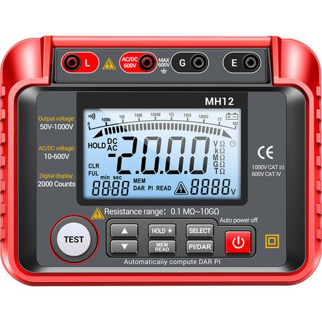 – Digitales Isolationsmessgerät Mh12 1000v – Messbereich 0,1 Mω Bis 20 Gω – 2000-stellige Lcd-anzeige – Schutzart Ip54