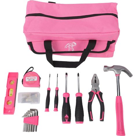 Heimwerker-werkzeugset Für Frauen, Anfängerinnen, Komplettes Handwerkzeugset, Hammer, Schraubenschlüssel, Werkzeugkasten Mit Tragbarer Werkzeugkiste, Rosa, 18-teilig
