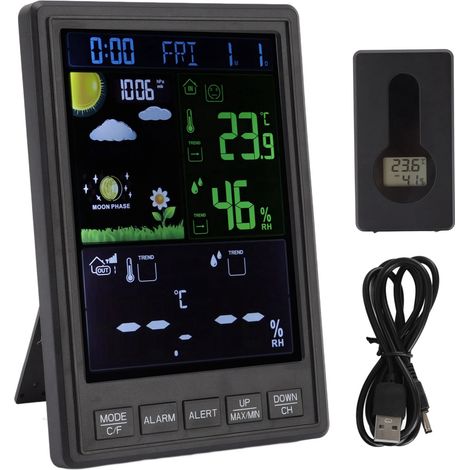 Drahtlose Wetterstation Für Den Innen- Und Außenbereich Mit Farbdisplay, Schwarzem Bildschirm, 3 Einstellbaren Kanälen, Hintergrundbeleuchtung, Uhr Und Thermometer Für Den Heimgebrauch