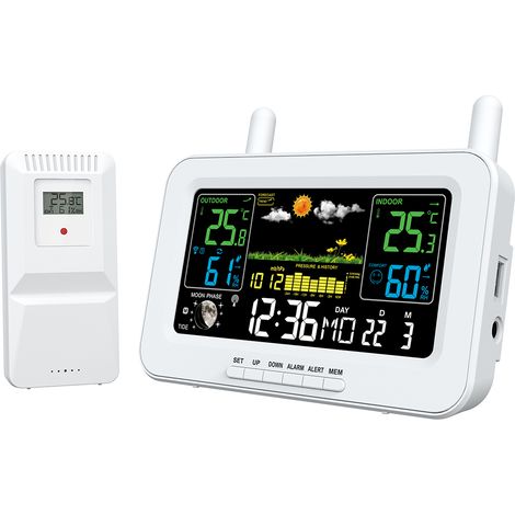 Anzeige Von Innen- Und Außentemperatur Sowie Luftfeuchtigkeit. Elektronischer Lcd-wecker Mit Schlummerfunktion Und Hintergrundbeleuchtung. Weiß. 220 V.