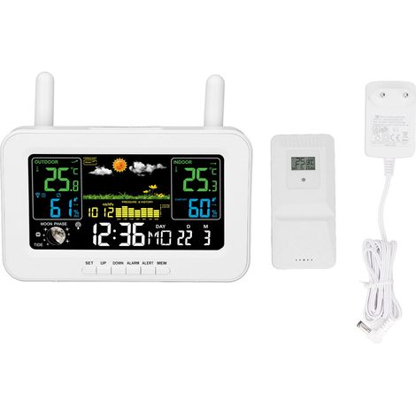 Kabellose Wetterstation Für Drinnen Und Draußen, Thermometer, Farbdisplay, Digitaler Temperatur- Und Feuchtigkeitssensor, Wettervorhersage, Eu-stecker, Weiß