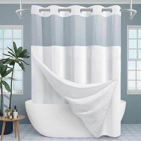 Vorgehängter, Weißer Duschvorhang Aus Waffelgewebe Mit Transparentem Fenster Und Clip-on-futter (180,3 X 190 Cm (b X L))
