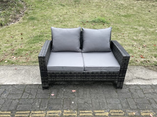 Hoher Rücken Rattan 2-Sitzer Sofa Doppelsitz Patio Liebe Sofa Gartenmöbel im Freien mit Kissen - Fimous