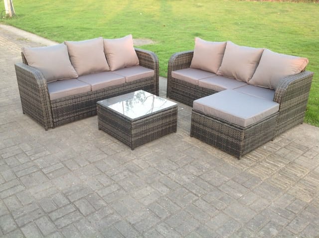 Fimous Outdoor Gartenmöbel Set 8-Sitzer Polyrattan Garten Sofa Balkonmöbel Sitzgruppe mit Hocker,Armstuhl,Tisch Dunkelgrau Gemischt