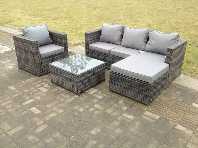 Gartenlounge Sofa Set 5-sitzer Rattan Gartenmöbel Gartensofa Couchtisch Hocker mit Kissen für Garten, Balkon,Terrasse Dunkelgrau Mischen - Fimous