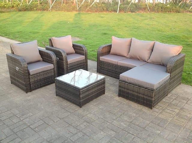 Lounge Gartenmöbel Set 6-Sitzer Polyrattan Gartensofa Sitzgruppe mit Kissen, Hocker, Couchtisch für Garten, Terrasse und Balkon - Fimous