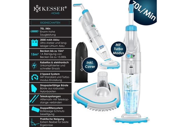 KESSER® Poolsauger mit Akku elektrisch Pool Bodensauger Handsauger Poolreiniger mit Filter & 2-Geschwindigkeits-System Handsauger Reinigungsset kabellos, Inkl. Abdeckung