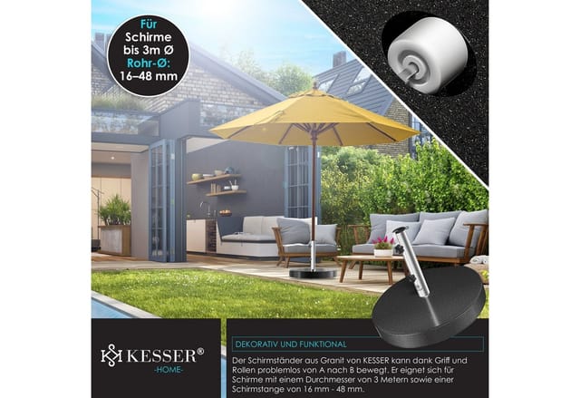 KESSER® Granit Sonnenschirmständer mit Edelstahlrohr, Hochwertiger Schirmständer Sockel 30KG - für Schirmstöcke bis 16-48 mm, Inkl. Transport Griff Garten Balkonschirmständer