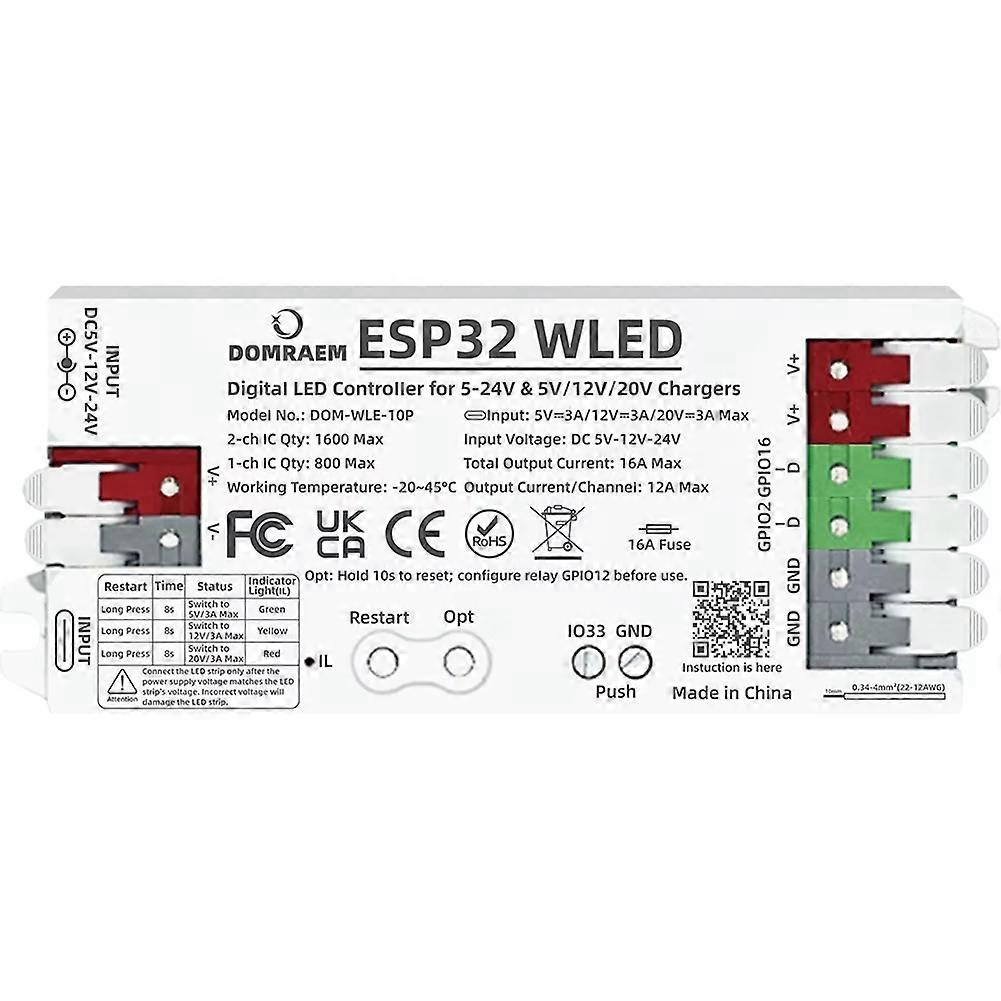 Domraem Esp32 Wled-controller – Duales Netzteil (pd Und 5–24 V Dc), 16-a-sicherung Für Digitale Led-streifen Ws2812b, Ws2805, Sk6812 Und Apa102
