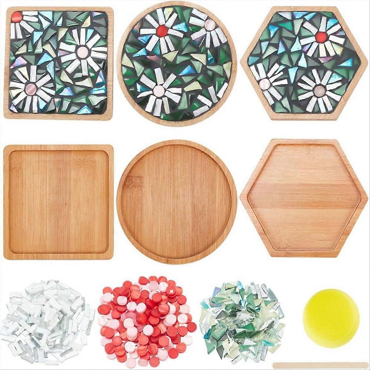 Set Mit 3 Bambusuntersetzern Mit Blumenmuster Zum Selbermachen Mit Floralem Mosaik.