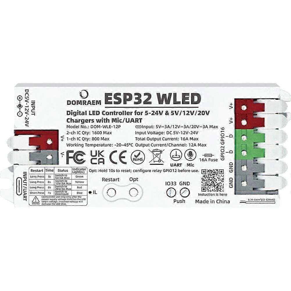 Domraem Pd Esp32 Wled Digitaler Led-controller Mit Micro/uart Und 16a-sicherung Für Ws281x Sk6812 Apa102 Led-streifen