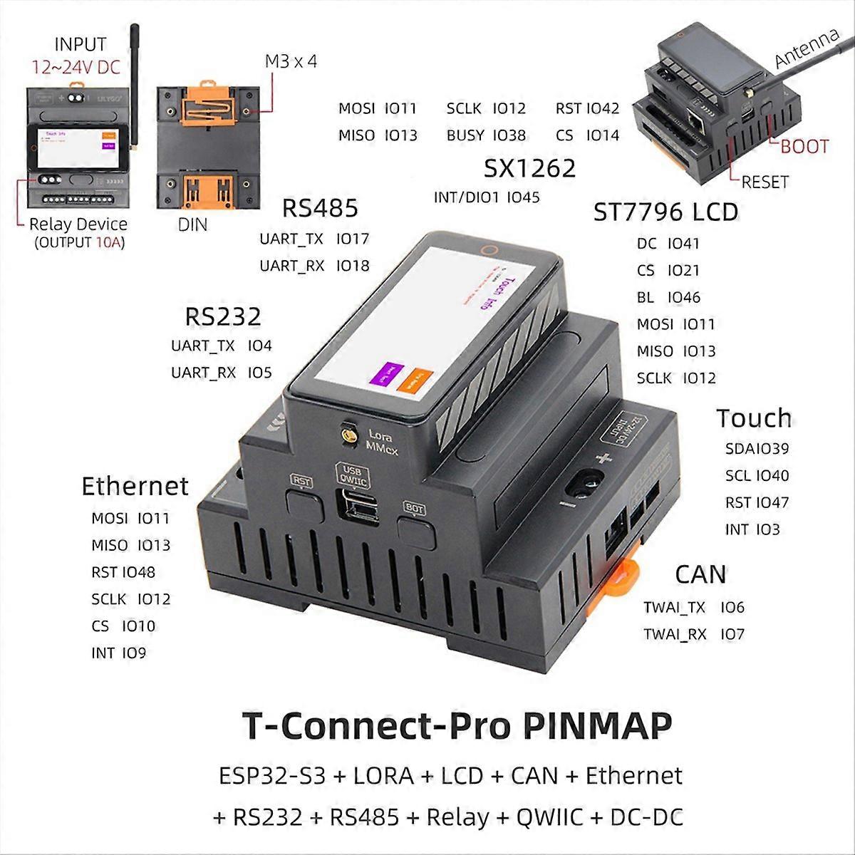 T-connect-pro Esp32-s3 Lora Industrie-steuerungs-entwicklungsboard Mit Rs485-, Rs232-, Can- Und Ethernet-schnittstellen Sowie Einem 2,33-zoll-lcd-bildschirm