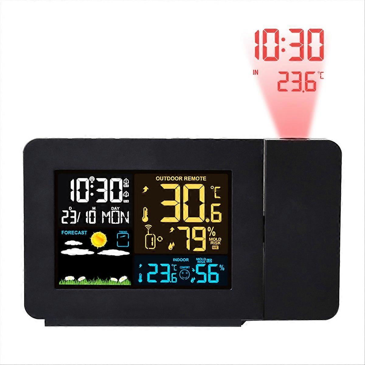 Led-thermometer Und Hygrometer Für Den Innen- Und Außenbereich – Projektionswecker Mit Wettervorhersage Und Hintergrundbeleuchtung (klinkenstecker)