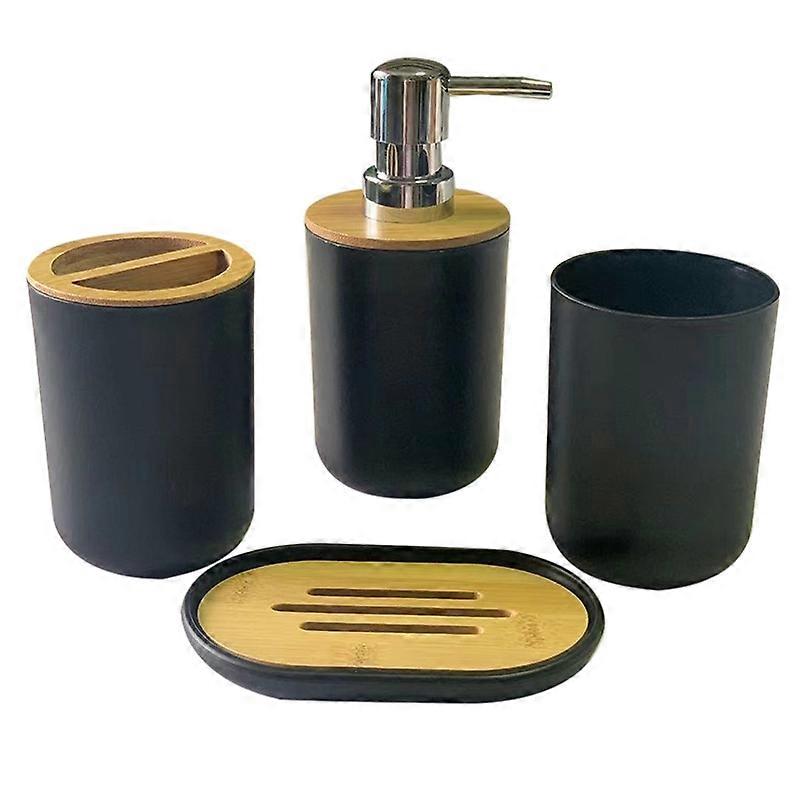 Badezimmer-accessoire-set: Schwarzer Seifenspender, Flasche Und Seifenschale