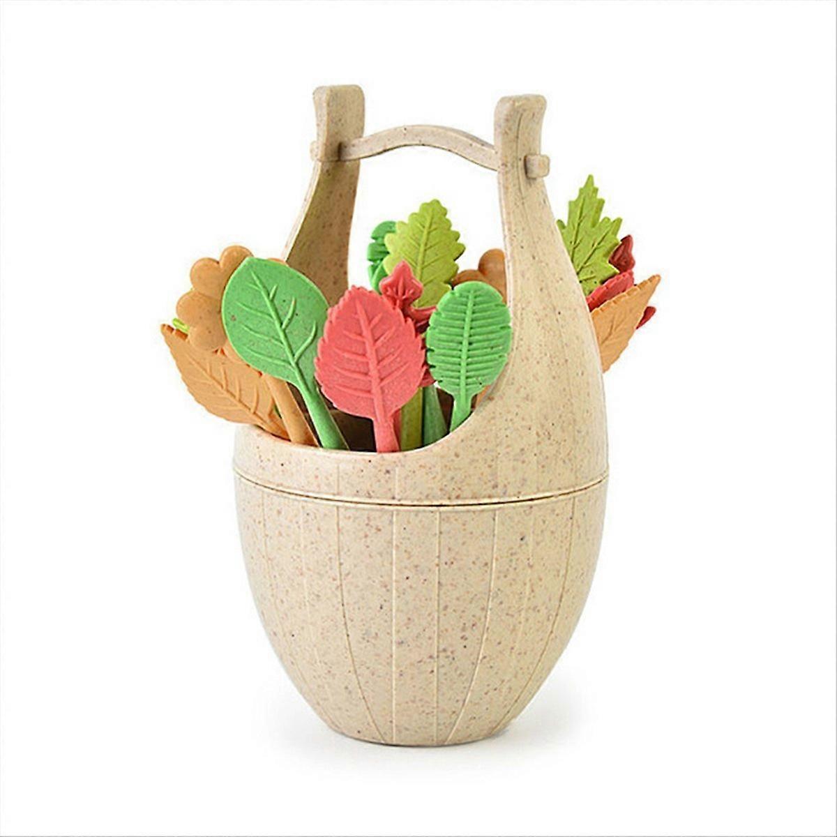 Obstgabel Aus Weizenstroh Mit Aufbewahrungseimer Und Mini-zahnstocher, Beige