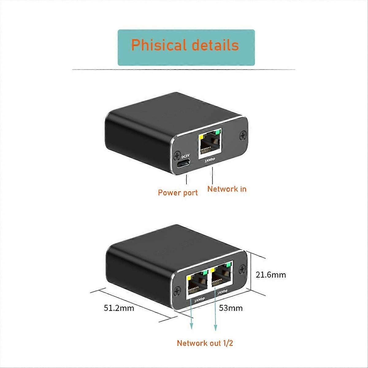 1-zu-2-ethernet-splitter, 1000-mbit/s-highspeed-ethernet-switch, 2-port-gigabit-ethernet-splitter Mit Netzkabel