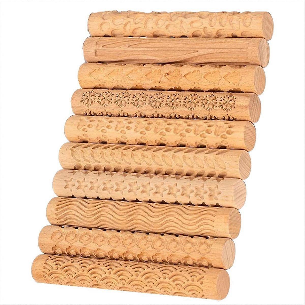Set Aus 10 Holzstrukturwalzen Für Töpferei Und Keramik, Schablonen Und Stempeln Zum Modellieren.