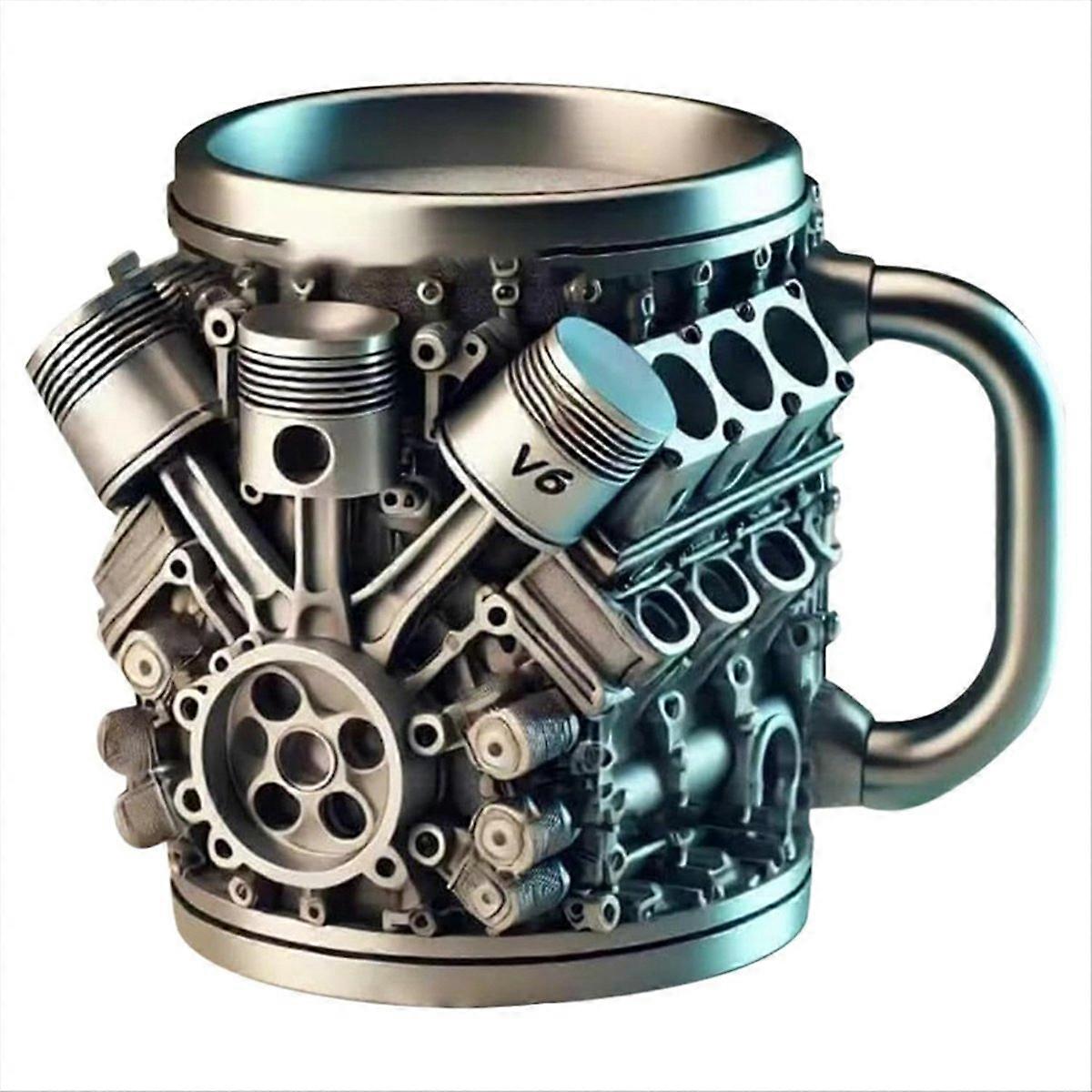 Kaffeebecher Aus Edelstahl Im Design Eines V6-motors Mit Isoliertem Griff – Ideal Für Autoenthusiasten. Das Perfekte Geschenk Für Autoliebhaber.