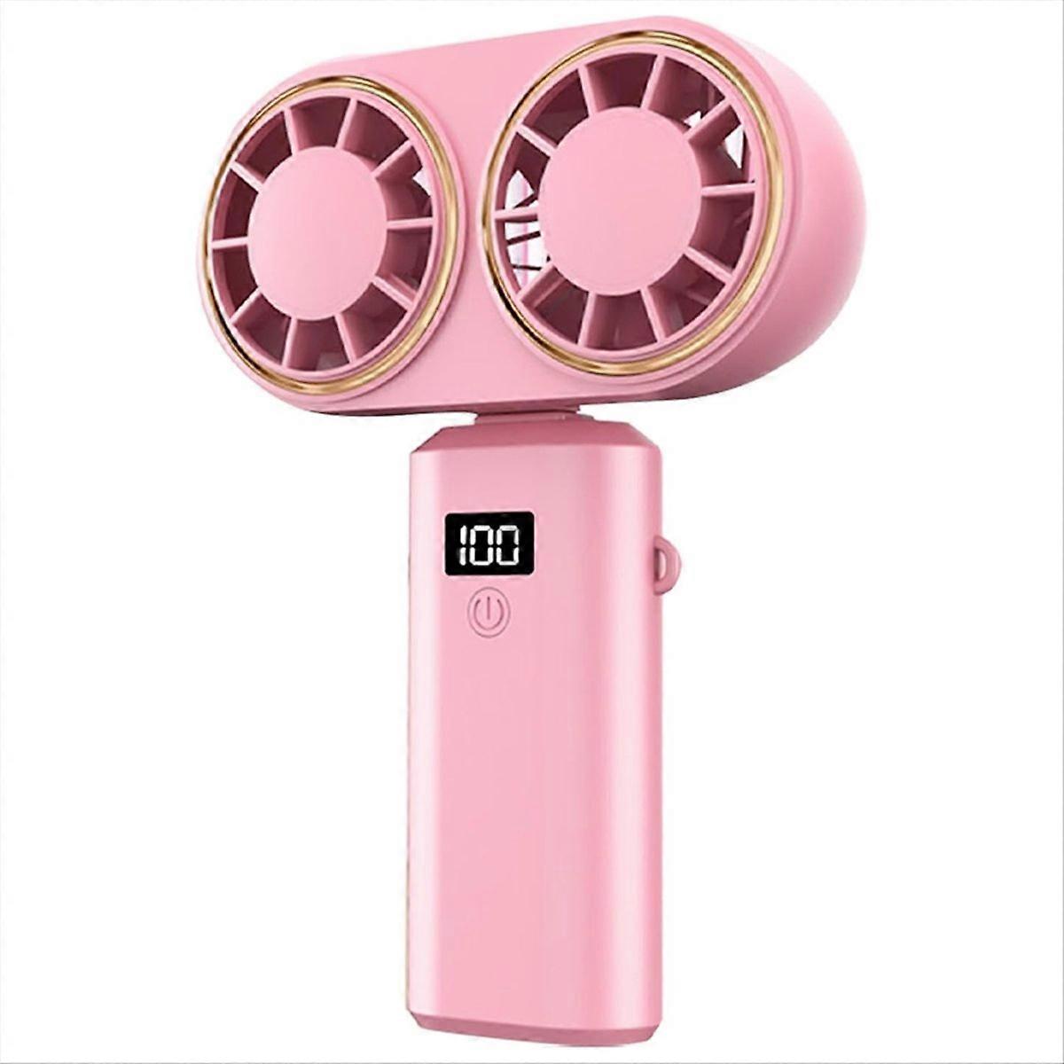 Tragbarer, Per Usb Aufladbarer Ventilator, Zwei Lüfter, Digitalanzeige, Akku, Pink