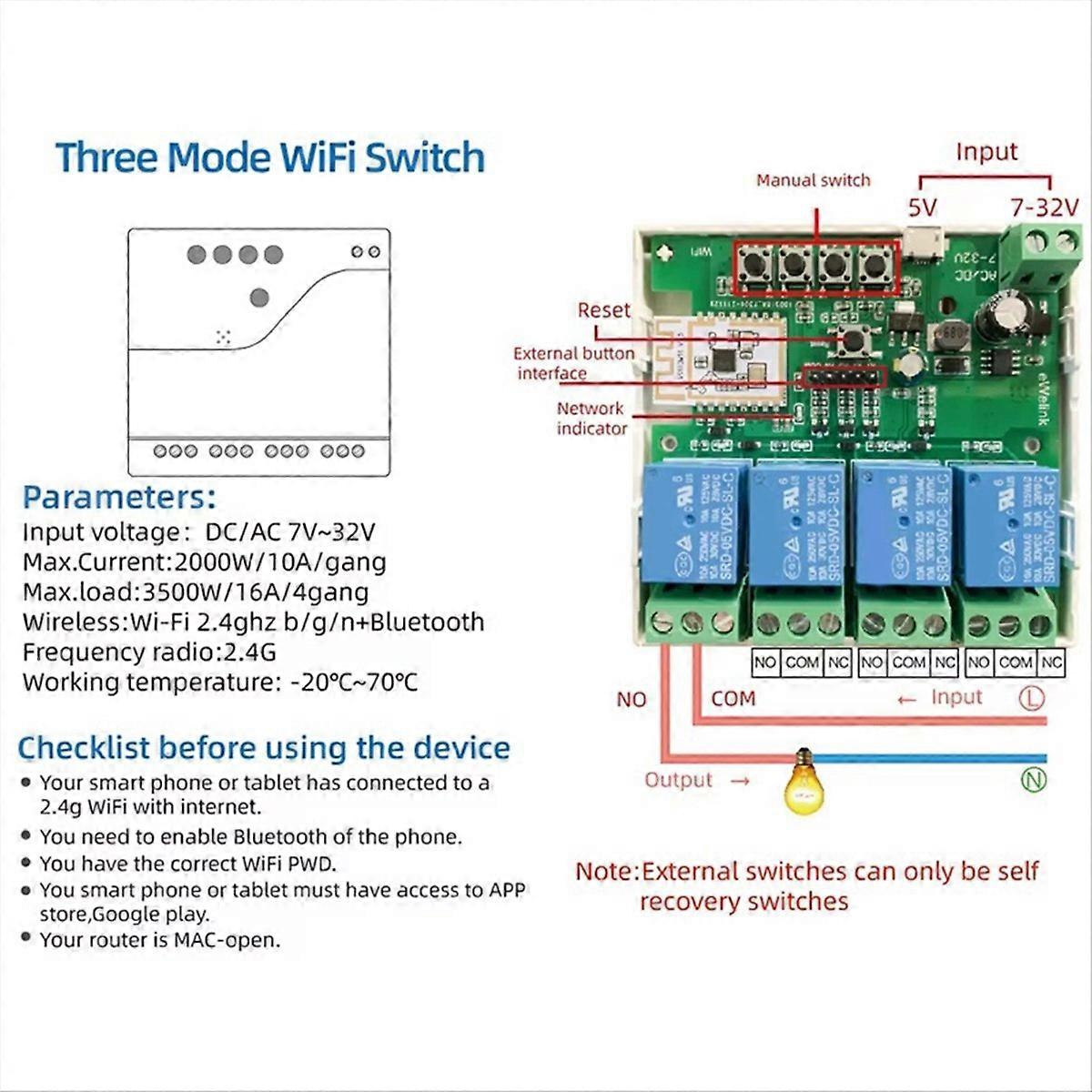 Intelligenter 4-kanal-schalter Mit Wlan Und Bluetooth, Potentialfreiem Relais, App-basierter Fernbedienung, 7–32 V