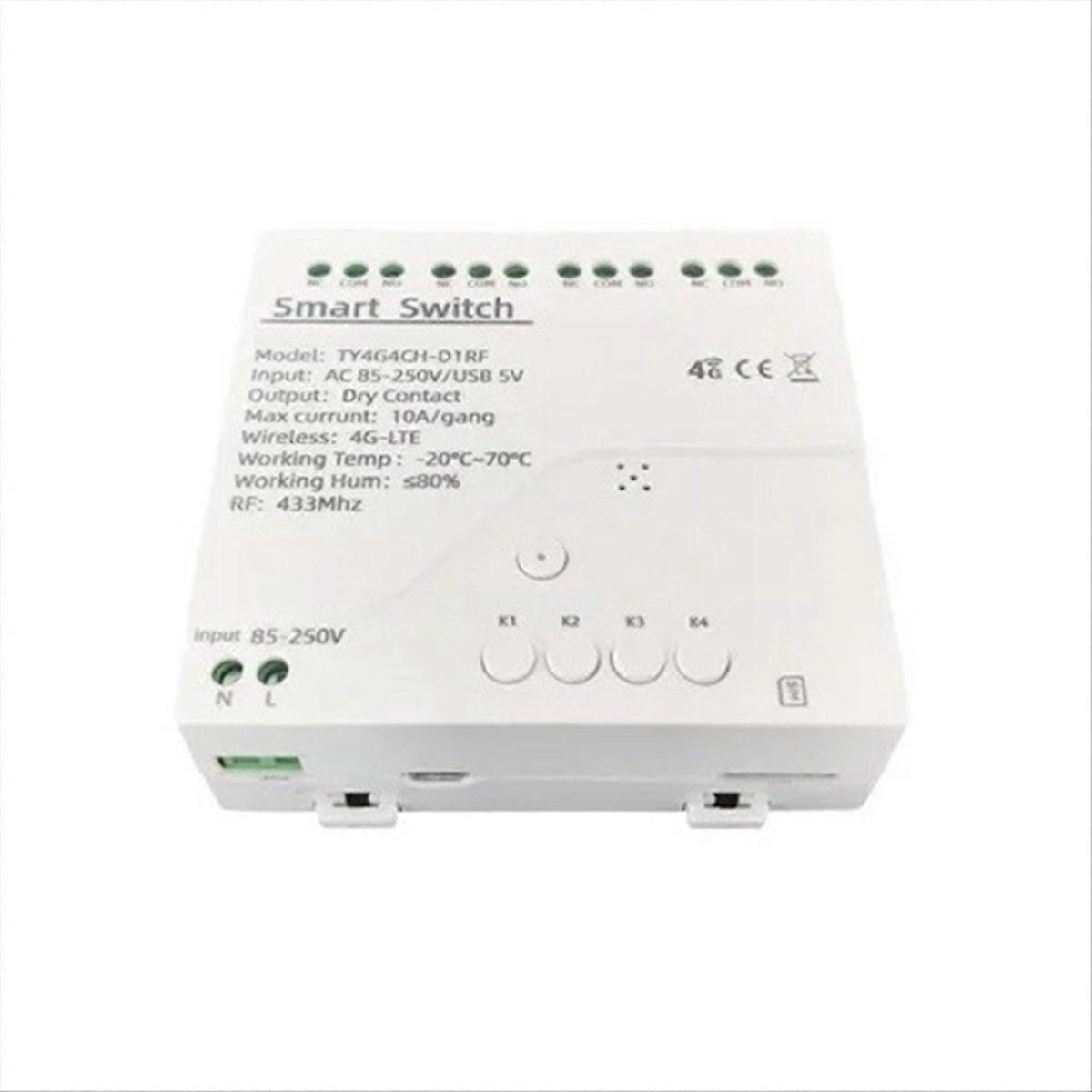 Tuya Smart Switch 4g Lte Smart-relais Mit 433-mhz-gsm-smart-schalter, Drahtloser Steuerung Per App, 4 Kanälen, Abnehmbarem Controller, 85–250 V Ac-netzteil