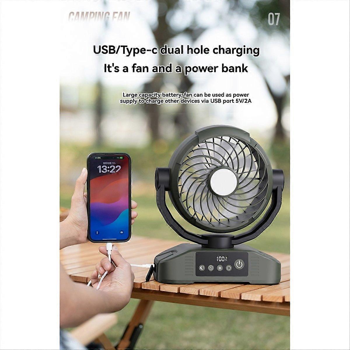 Wiederaufladbarer Outdoor-tischventilator Mit 20.000 Mah Kapazität, Led-licht, 5 Geschwindigkeitsstufen Und 3 Helligkeitsstufen, Ideal Für Camping Und Reisen.