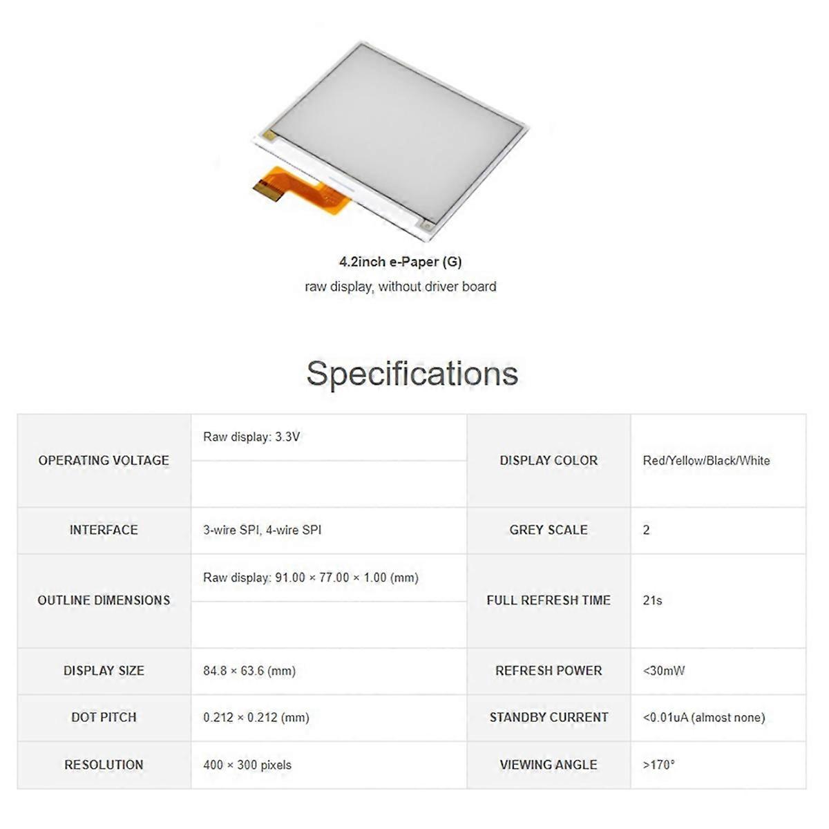 4,2-zoll-e-ink-displaymodul (e-paper, G), 400 X 300 Pixel, Rot/gelb/schwarz/weiß, Spi-schnittstelle