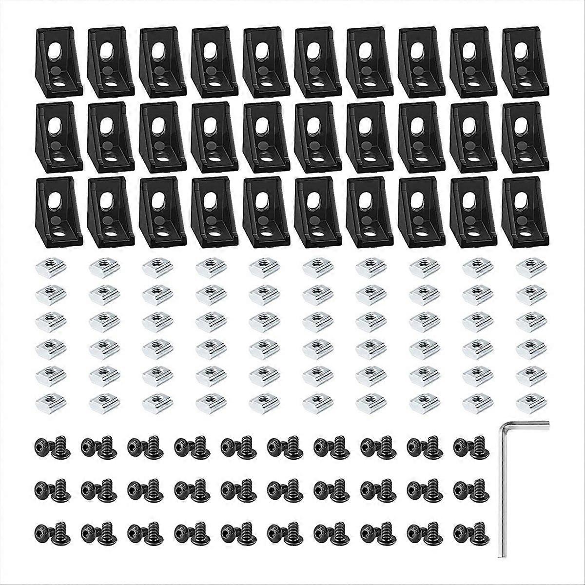 Set Mit 30 Schwarzen Rechtwinkligen Eckverbindern Für 2028 Aluminiumprofile Mit T-nut, Inklusive Muttern Und Schrauben.