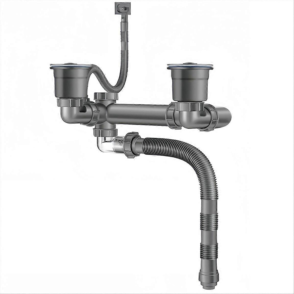 Platzsparendes Doppelspülen-ablaufset Mit Ausziehbarem Siphon, 1 1/2"-flexschlauch Und 3 1/2"-ablaufgarnitur.