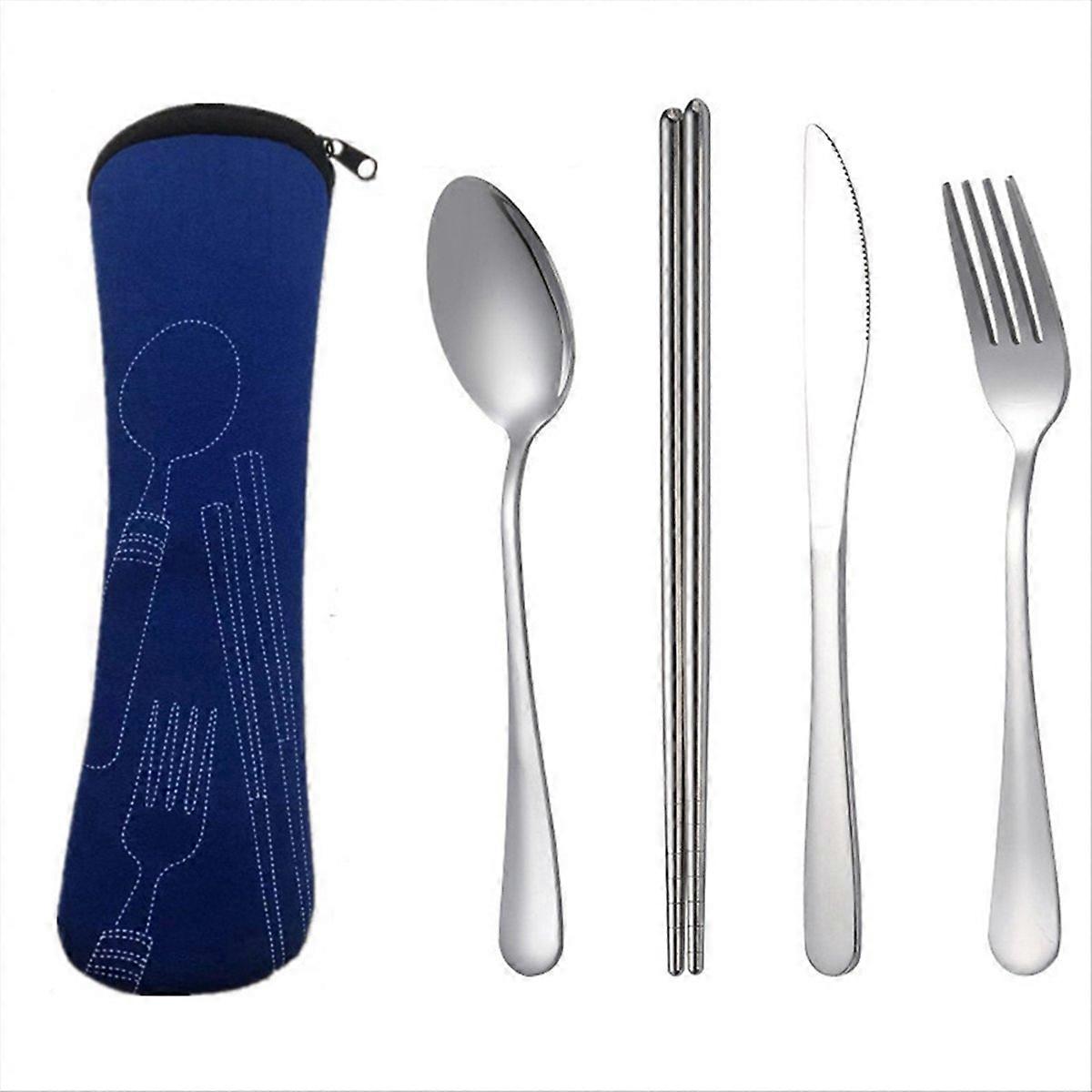 4-teiliges Tragbares Besteckset: Löffel, Gabel Und Steakmesser, Dunkelblau