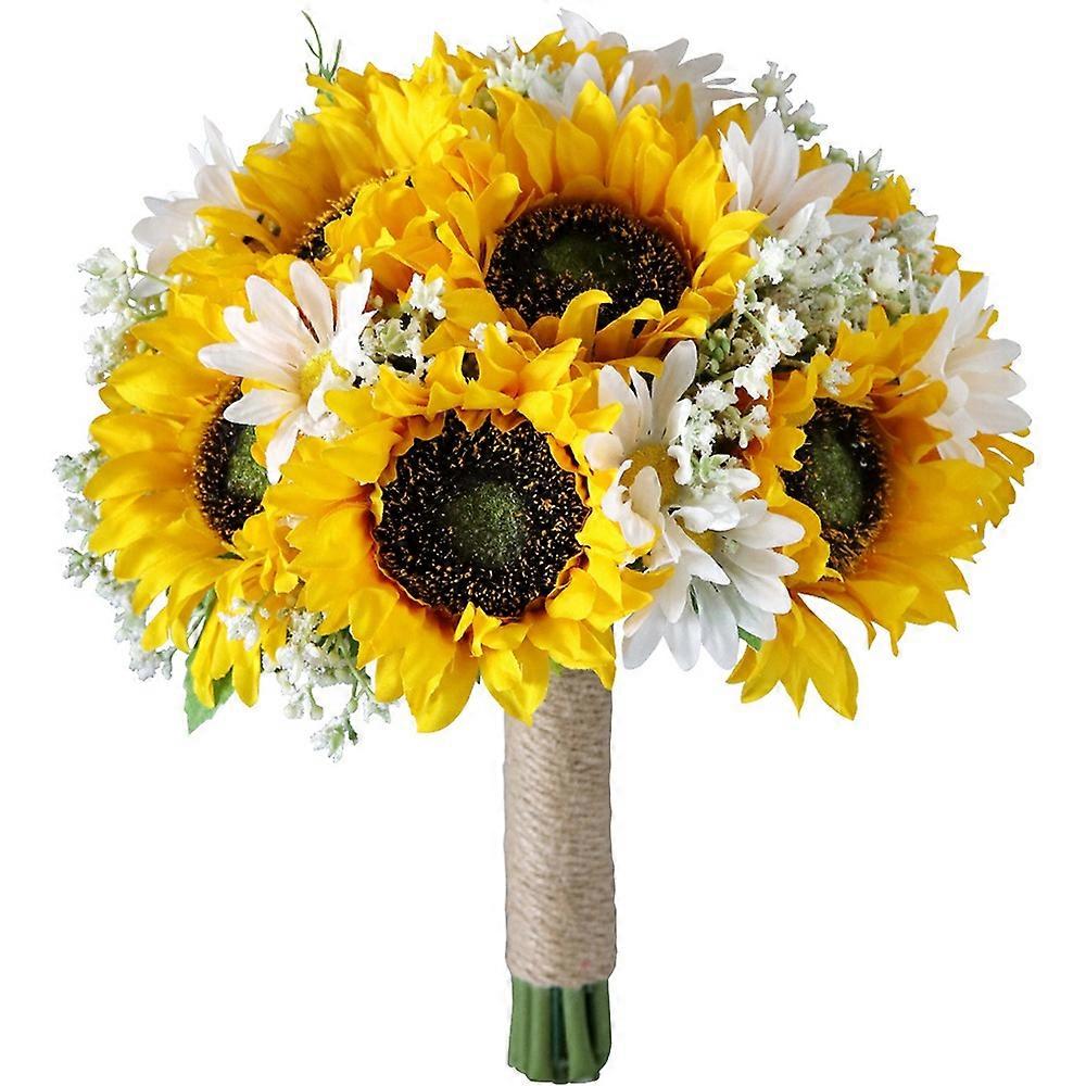 Handgefertigter, Romantischer Brautstrauß Aus Künstlichen Sonnenblumen Und Anderen Blumen.