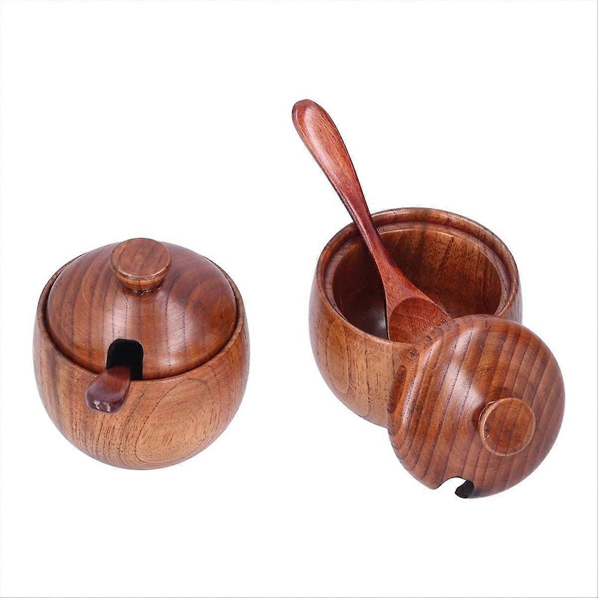 Set Aus 2 Salzschalen, Salzbehältern Und Gewürzgläsern Aus Holz, Dunkelbraunes Salz