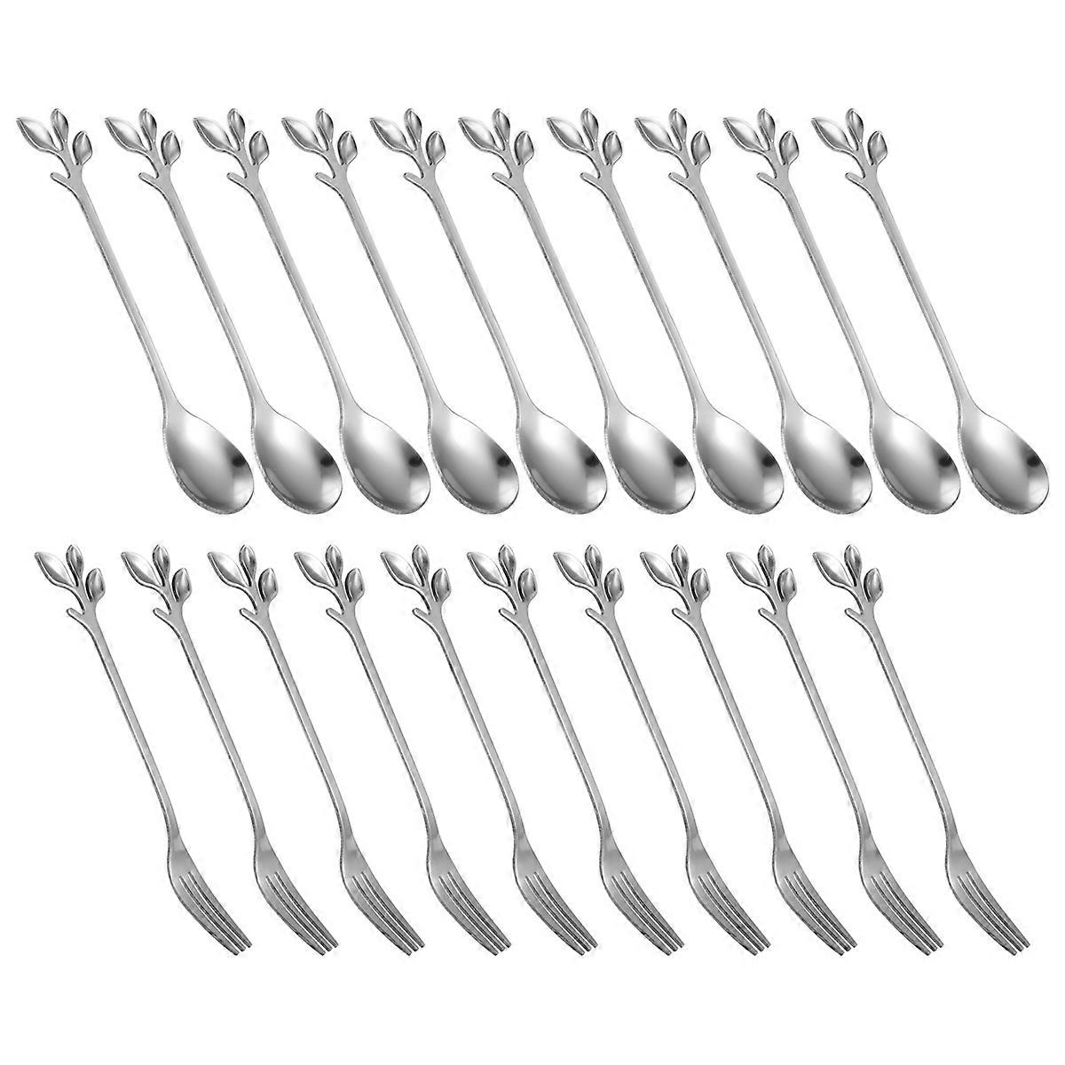 Set Aus 20 Kuchengabeln Und Teelöffeln, 12 Cm Lang, Silberfarben (10 Löffel + 10 Gabeln).
