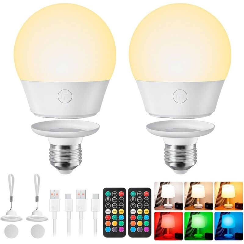 Ampoule Rechargeable E27 Dimmable Avec Télécommande – 7w 700 Lumens – Autonomie 6 À 9h – Câble Usb Type-c Inclus – Lot De 2 - 2-