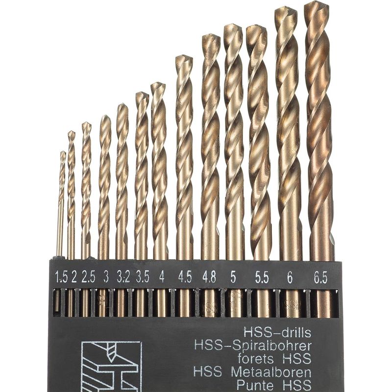 Lot De 13 Forets Hélicoïdaux Hss M35 Cobalt – Tailles 1,5 Mm À 6,5 Mm – Pour Acier Inoxydable Et Métal – Pointe Fendue 135°