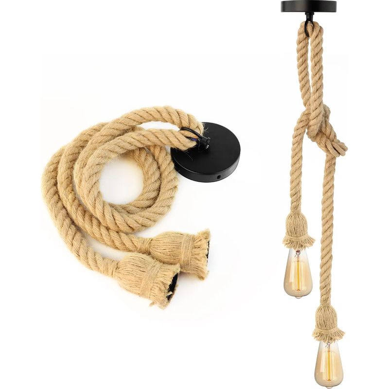 Lustre En Corde De Chanvre Double Tête Suspendue – Lumière Pendante Industrielle Rétro – Câbles De 80 Cm Pour Salle À Manger, Bar, Café, Salon - Salon-80cm
