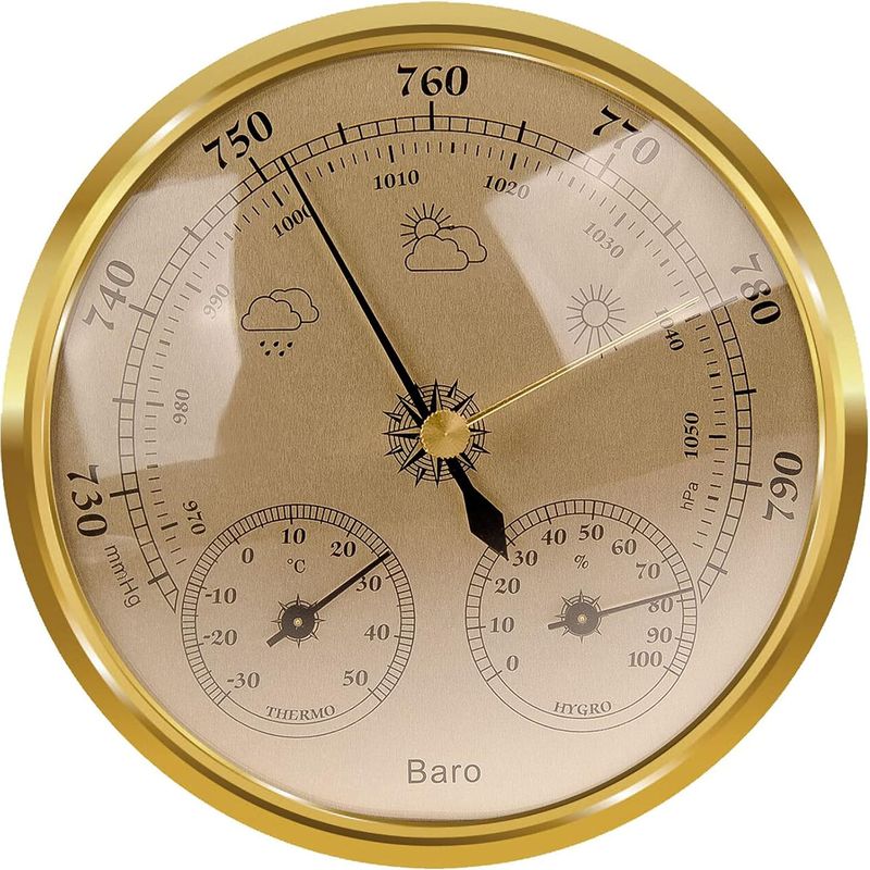 Station Météo Analogique - Station Météo Analogique Pour L'Intérieur Et L'Extérieur - Composé D'Un Baromètre, D'Un Thermomètre Et D'Un Hygromètre - Convient Pour Le Jardin, La Chambre À Coucher（or，128