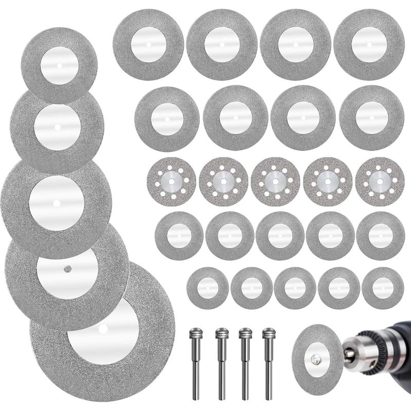 32pcs Mini Disque Diamant Avec 4pcs Mandrins Disque À Tronçonner Mini Disques De Coupe Pour Verre/pièrre Précieuse/bois/métal/céramique-16/20/22/25/30/40/50/60mm