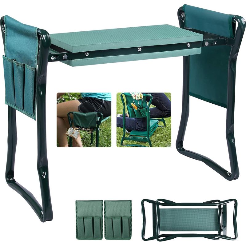 Tabourets De Jardinage Pliable, Agenouilloir De Jardin Siège De Jardin Banc De Jardinage Avec 2 Sacs À Outils Et Coussinet En Mousse Eva Épaissie, Support Jusqu'à 150 Kg, 60x27x49cm