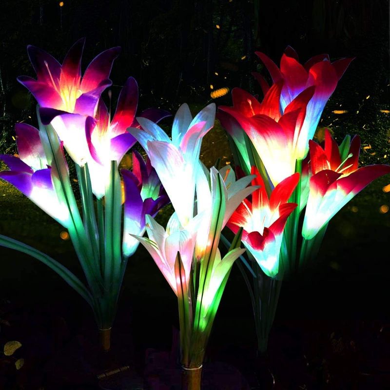 Lumière Solaire Extérieure 3 Pack Lampes Solaires De Jardin Avec 12 Fleurs De Lys Lampes Led Décoration Pour Terrasse Paysage Allée