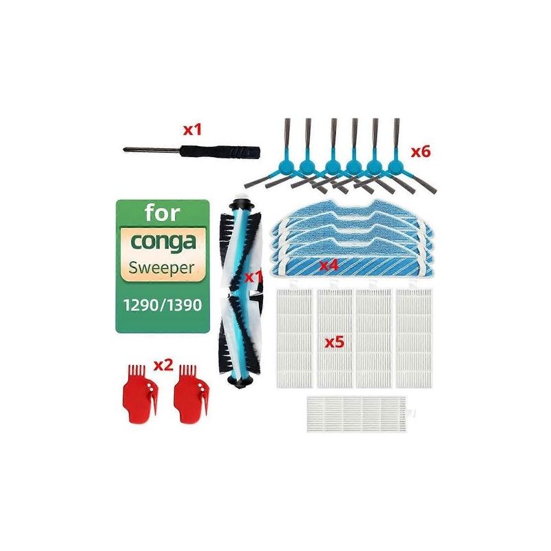 Kit De Rechange Compatible Avec Les Aspirateurs Robots Conga 1290 Et 1390 : Brosse Principale, Filtre, Chiffon, Brosse Et Tournevis.
